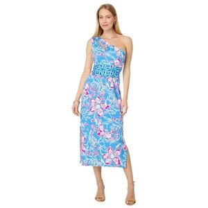 Lilly Pulitzer Blue Pink Floral Helina One Shoulder Padded Midi Dress Size Large